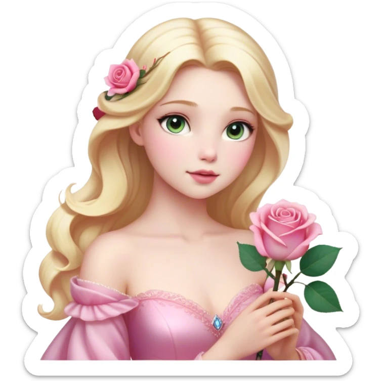 Cinematic Realistic Sleeping Beauty (Aurora) Portrait, with porcelain-like skin featuring a natural rosy flush, illuminated by soft lighting that highlights the gentle contours of her face. Her golden blonde hair flows in soft, detailed waves with subtle highlights that shimmer in the light. Her deep violet-blue eyes radiate warmth and innocence, framed by arched brows and long lashes. With a soft, serene smile, she holds a delicate rose gently in one hand, her other hand resting lightly by her side. She is dressed in her classic pink gown, the fabric rich in texture with delicate folds that catch the light. A golden crown rests atop her head, gleaming with royal refinement. The portrait captures a soft, glowing aura, blending realism with an ethereal sense of beauty and timeless enchantment. sticker