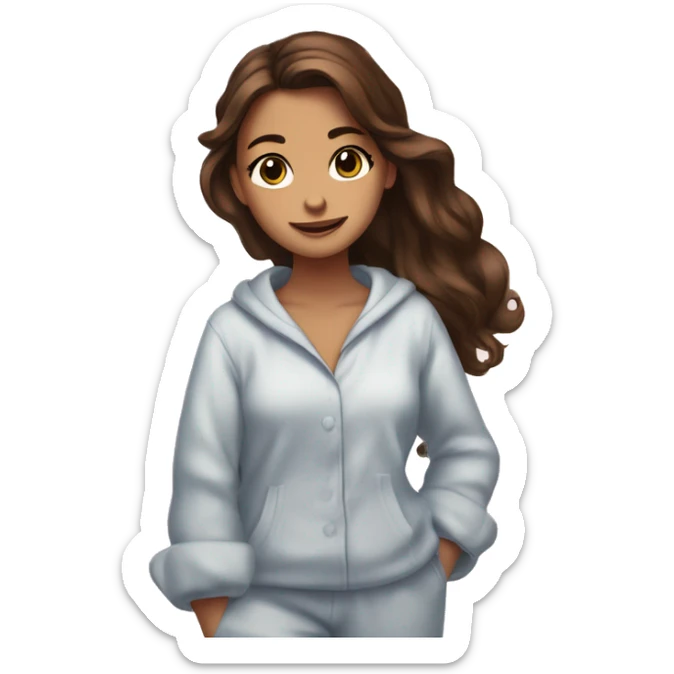 A girl with brown hair, brown eyes, absolutely stunning and gorgeous, and dancing with her pajamas that has Aespa on it sticker