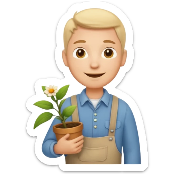 A calm, friendly male cartoon character with light skin, simple farm clothes, warm smile, holding a small plant or flower, stylized as a cute, readable emoji icon with soft earthy color sticker