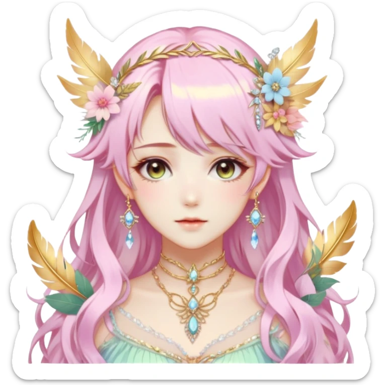 Beautiful gorgeous anime lady with beautiful pastel-special-hair, fashion aesthetic, ethereal, fairycore, pastelcore, feather, flower, crystals, accessories, gold jewelries, gold, colorful, gold laurel, gold halo, cottagecore,  sticker