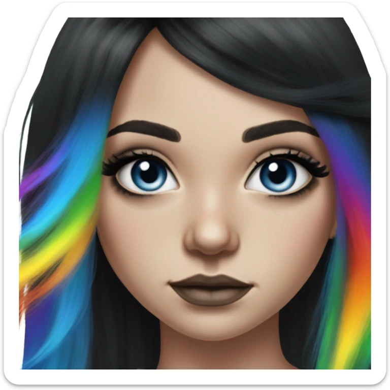Hyperrealistic drawing white girl blue eyes and long black hair with rainbow fringe. Wearing black crop top and has dark eye makeup on her eyes sticker