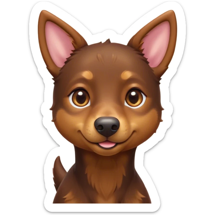 Cinematic Cute Brown and Tan Kelpie Portrait Emoji, Head tilted playfully and inquisitively, featuring a glossy brown Fur with vibrant tan accents, round, sparkling warm eyes filled with curiosity, Simplified yet irresistibly adorable features, highly detailed, glowing with a warm, friendly glow, high shine, affectionate and spirited, stylized with a touch of whimsy, bright and endearing, soft glowing outline, capturing the essence of a mischievous yet loving herder, so playful it feels like it could leap out of the screen and into your arms! sticker