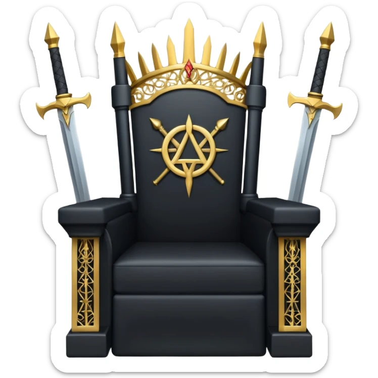 wide big iron black throne made of swords with gold filigree and central Illuminati symbol sticker