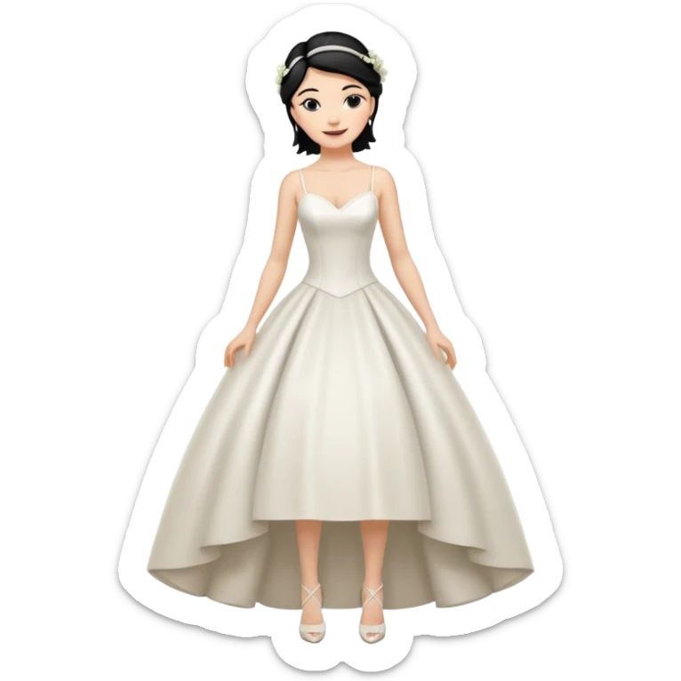 Chica blanca,cuerpo entero, vestido boda tirantes finos, pelo negro recogido con mechones y zapatos tacon sticker