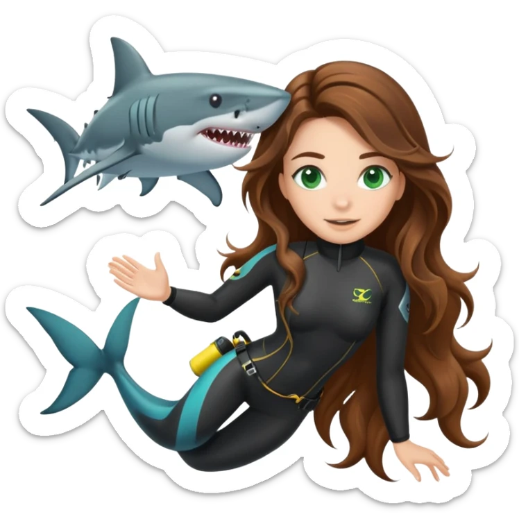 A scuba (long brown wavy hair green eyes) girl and a shark sticker