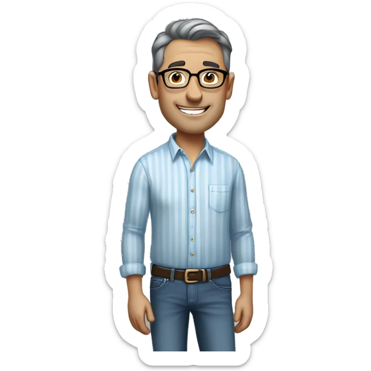 A middle-aged healthy man with short dark hair and glasses, wearing a light blue striped shirt and jeans, standing casually with one hand in his pocket, smiling gently against a plain, neutral background. sticker