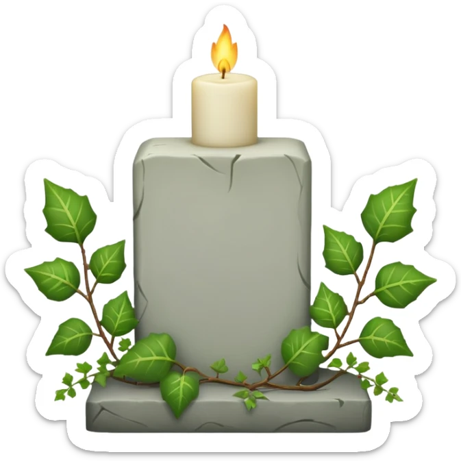 Gravsten med lite ivy som klättrar på den och framför i gräs ett stående vitt brinnande blockljus sticker