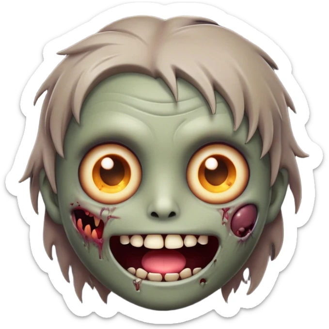 Cinematic Cute Zombie Portrait Emoji, with a delightfully quirky, slightly disheveled face in muted ashen hues, featuring quirky bright eyes and a playful, stitched-together smile, simplified yet irresistibly charming, highly detailed with a soft glowing outline that captures the adorable, offbeat spirit of a zombie who’s more cute than creepy! sticker