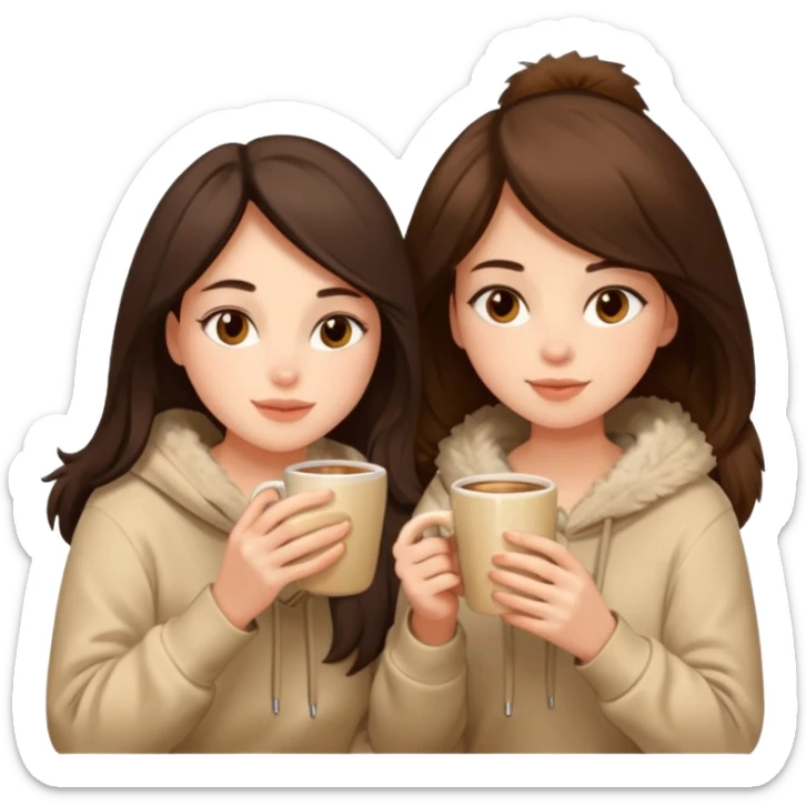 2 brunette girls sitting cozily in a beige fur hoodie sipping coffee sticker