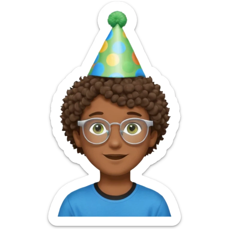 A boy with curly brown hair and green eyes with a happy face, and wear square glasses.He’s also got a full silver birthday party hat on his head with blue pom poms on top of it, and his T-shirt is all black, he wears a little gold circle earrings on his left  sticker