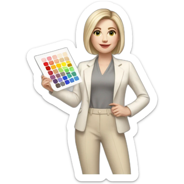 Full height pale skin woman with ash blonde Straightened bob Hair, White classical jacket, beige Arrow pants and gray blouse holding a color palette in the hands sticker