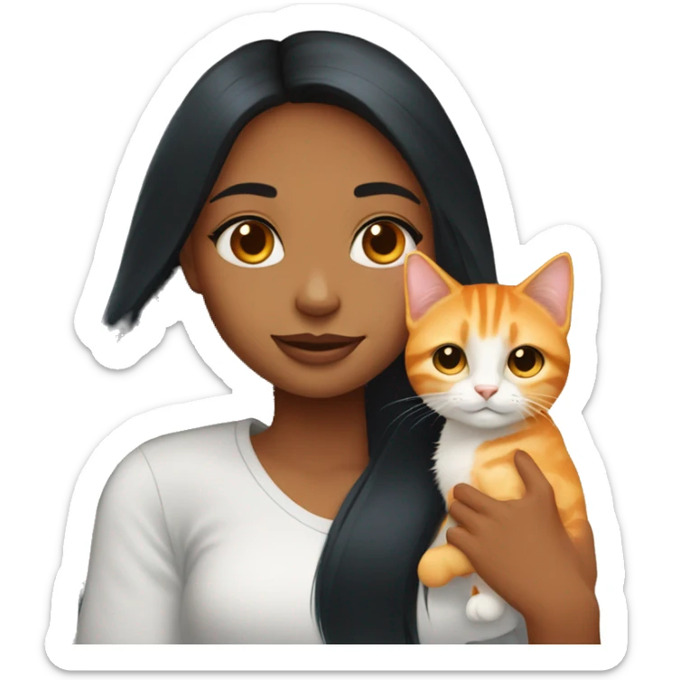 blue eyed girl with long black hair holding one chubby orange tabby cat sticker