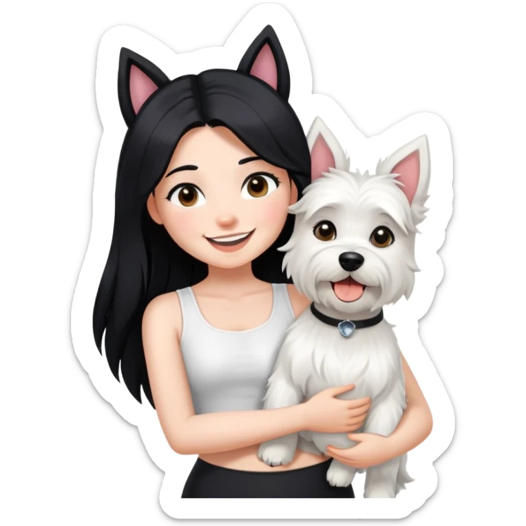 A girl with long black hair wearing a white crop top and black legging,she is smiling and hugging a west highland terrier with big ears  sticker