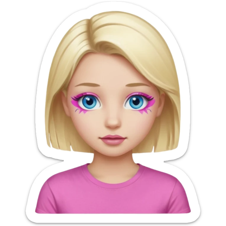girl with blue eyes blonde in a pink t-shirt with pink lips painted eyelashes and soft facial features sticker