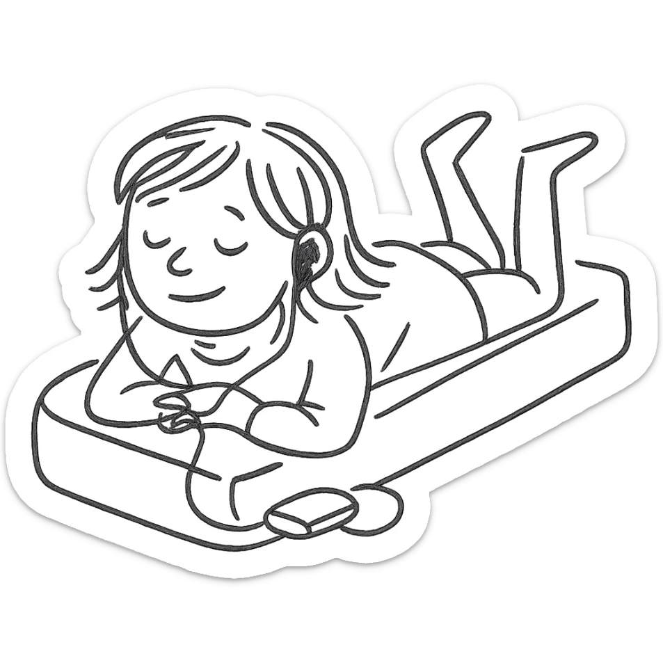 girl lying on bed comfortably listening to music with wired earphones sticker
