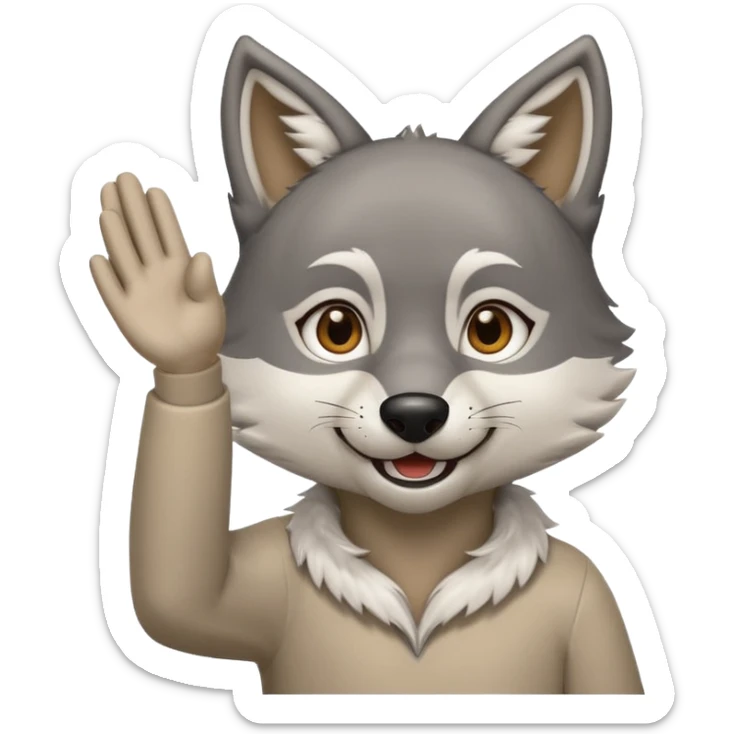 happy gray wolf in a white dishdasha, brown eyes, right hand raised, fursuit style emoji icon sticker