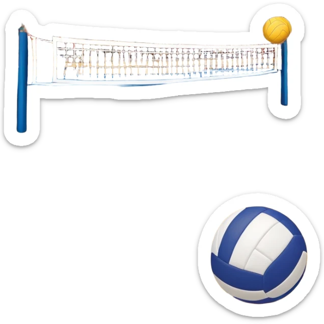 A close-up of a volleyball on the court, with the net in focus and the court markings visible. The background shows the stands filled with spectators, creating an energetic atmosphere of a volleyball match, with attention to detail on the equipment and the surrounding environment. sticker