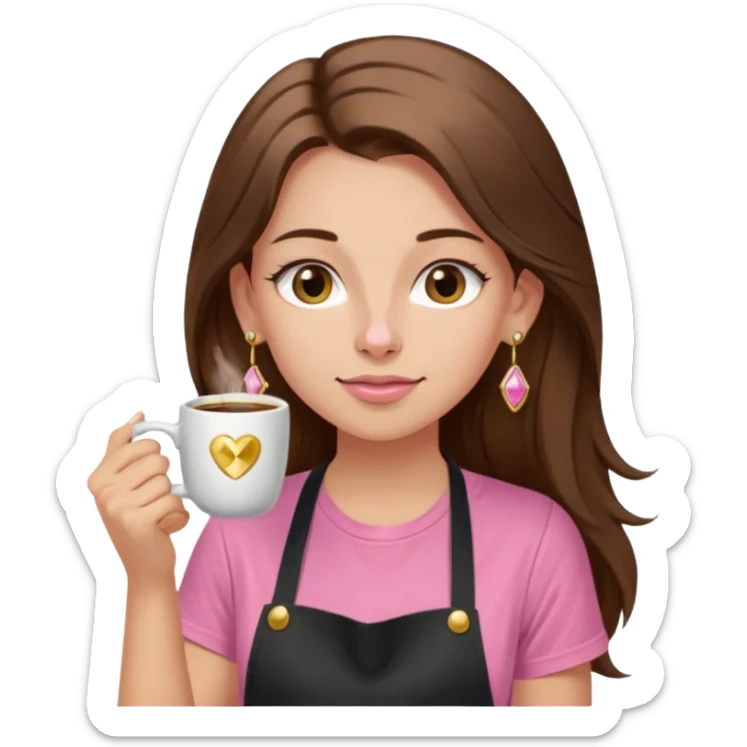 Fille cheveux long châtain, peau beige type européen, teeshirt rose avec un tablier noir, piercing au nez anneau doré, boucle d’oreille diamant doré. Elle boit un café sticker