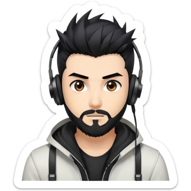 Highly detailed anime-style man with spiky black hair, expressive brown eyes, neat black beard, wearing professional gaming headphones, sharp facial features, anime shading and highlights sticker