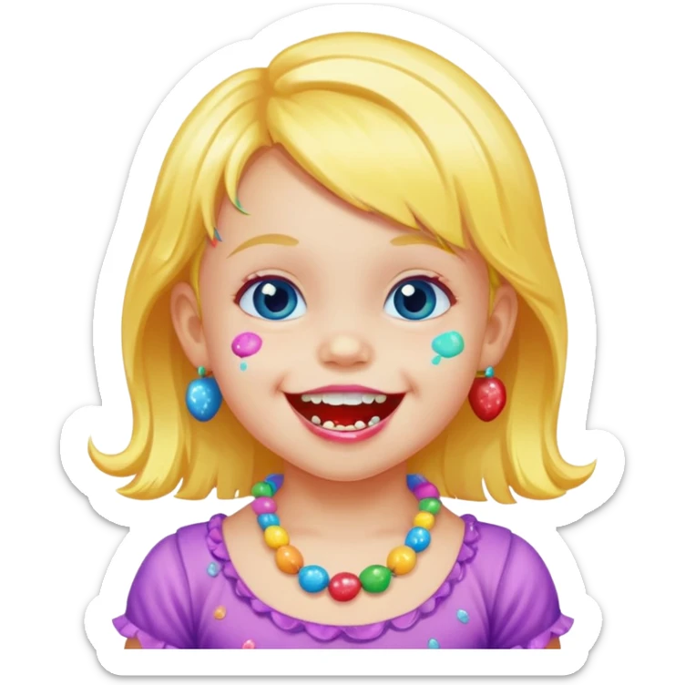 A toddler with candy necklace, grinning with colorful sugar stains on her mouth. sticker