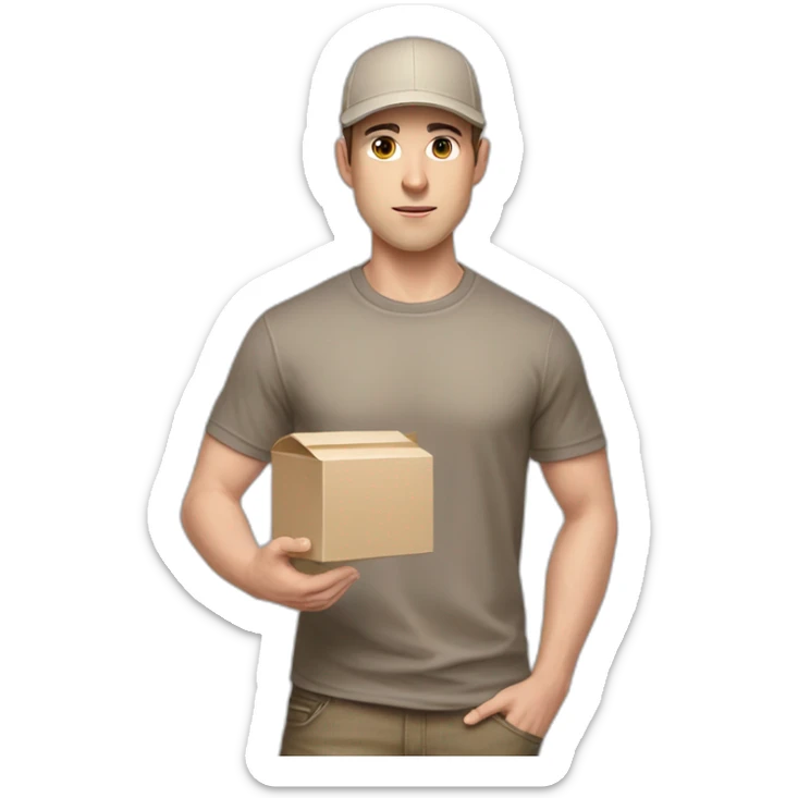 Pale skinned fit Man with dark brown hair in a beige cap, gray jeans and brown polo T-shirt keeping a pasted with tape white box into his hands sticker