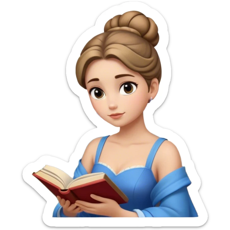 Cinematic Elegant Belle Portrait Emoji, Sitting with an open book, eyes dreamy with thought, her iconic blue village dress draped gracefully, exuding intelligence, kindness, and timeless charm! sticker