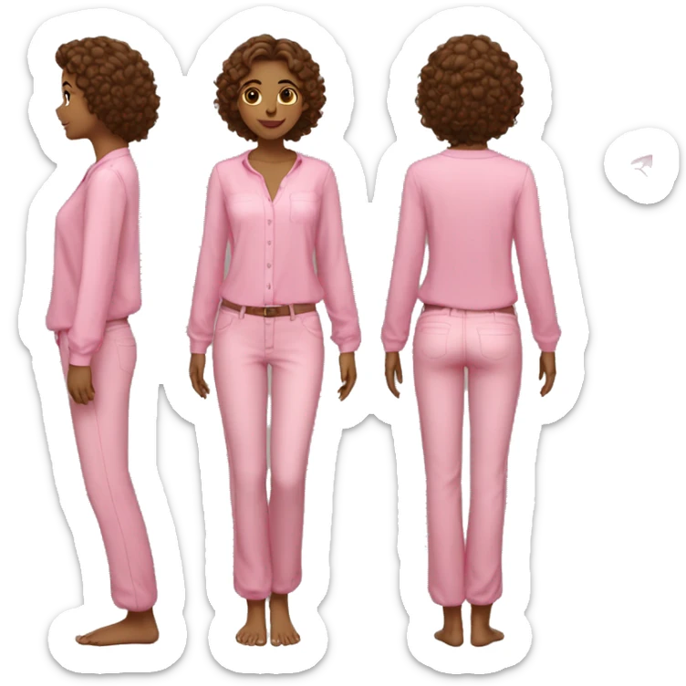 girl with straight curly hair with long sleeve pants with bare feet with flip flop with short sleeve blouse black pants pink blouse showing and pretty face sticker