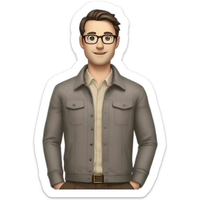 Full height Pale skinned Fit Man With dark brown hair in gray classic jacket, beige office shirt, Brown pants and vintage glasses. Thrumbs of his palms upwards sticker