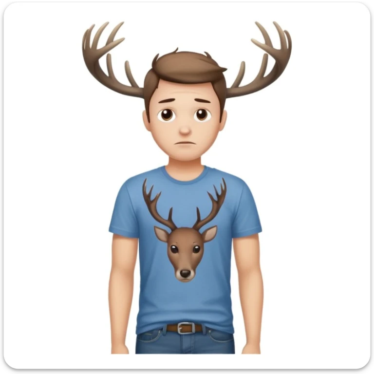 A casual guy with deer antlers, wearing a t-shirt and jeans, with a sad or thoughtful facial expression, neutral background, no snow sticker