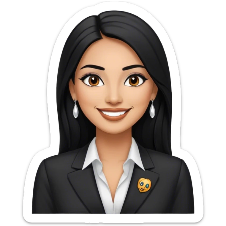 beautiful fit tall woman boss, with long straight black hair, with make up, black eye liner, smile, mexican, brown skin, wearing beautiful profesional outfit and white earings sticker