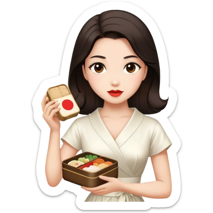 Beautiful woman in 1950’s woman fashion look, white dress, long dark brown hair, Japanese bento sticker