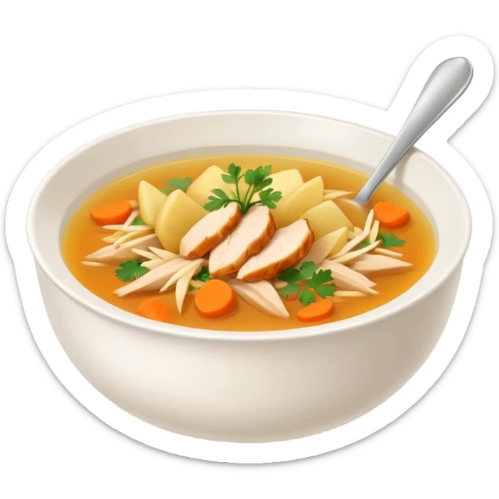 Mexican chicken broth (consomé de pollo): warm golden soup with shredded chicken, carrot, potato, and cilantro in a simple bowl sticker