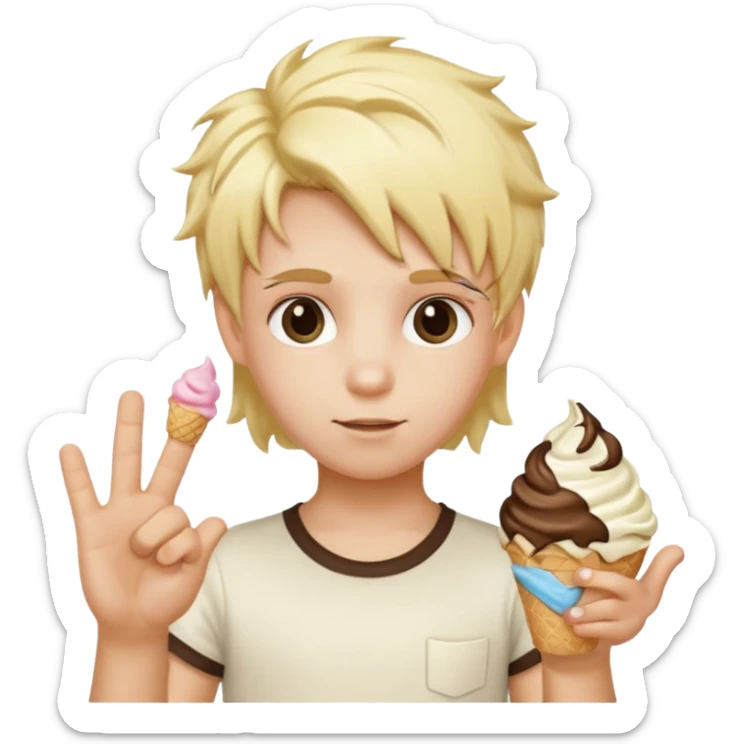 A kid with blonde icecream hair with two hands that has 6 on the left hand and 7 on the right hand sticker