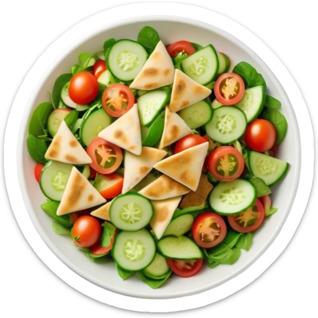 Cinematic Realistic Fattoush Salad Dish Emoji, depicted as a colorful medley of greens, tomatoes, cucumbers, and crispy pita rendered with vibrant textures and refreshing lighting. sticker