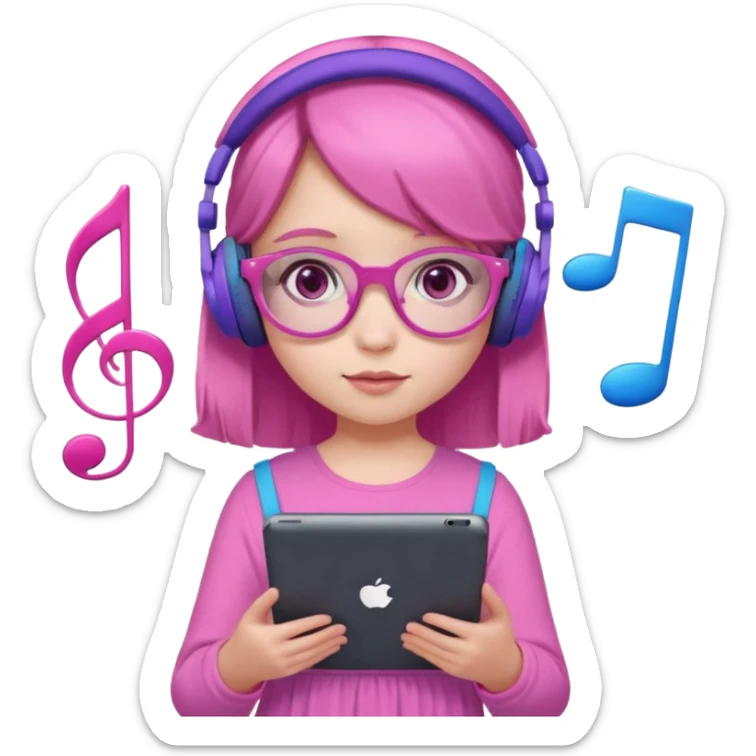 Little girl with purple headphones when pink eyes and pink iPad and pink dreamy background and rose colored glasses and blue music notes around her and pink dress sticker