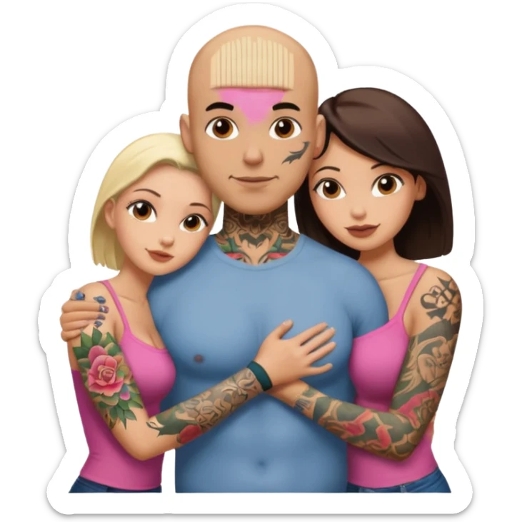 throuple tattooed sleeves bbald male with topless naked big boobed brunette and topless naked big boobed blonde girlfriends  loving  and sexy polygamy naughty  sticker