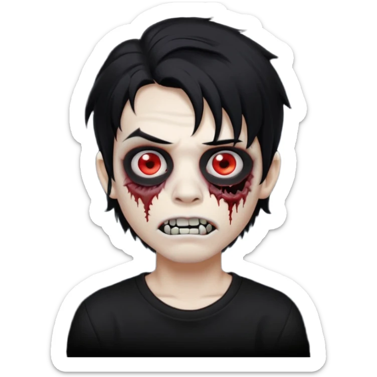 a boy with wavy hair, a zombie-shaped mouth piercing hum, and black hair with a black shirt too, and medium-length, wavy black hair, almost shoulder-length, with a lip piercing. with white skin sticker