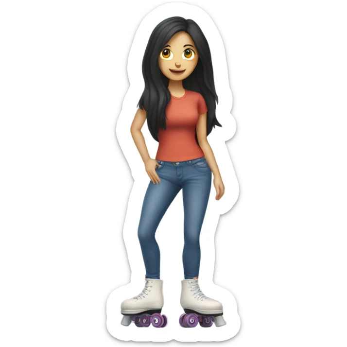 A Caucasian woman with black hair wearing jeans on roller skates cooking pancakes sticker