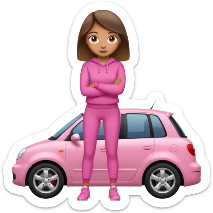 Create me a emoji girl with brown eyes in a pink outfit leaning on a car full body sticker