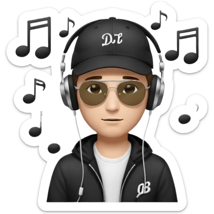 dj man white with baseball cap - rayban Sun Glasses 80s - brown hair - closed eyes with headphones on with musical note over head (listening to music ) - eyes closed no glasses - black hat  musical notes floating around head - DJ DLG written on hat sticker