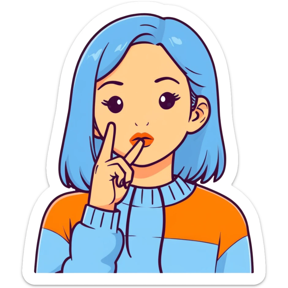 girl wearing pastel blue clothes with finger on lips making a quiet shh gesture sticker