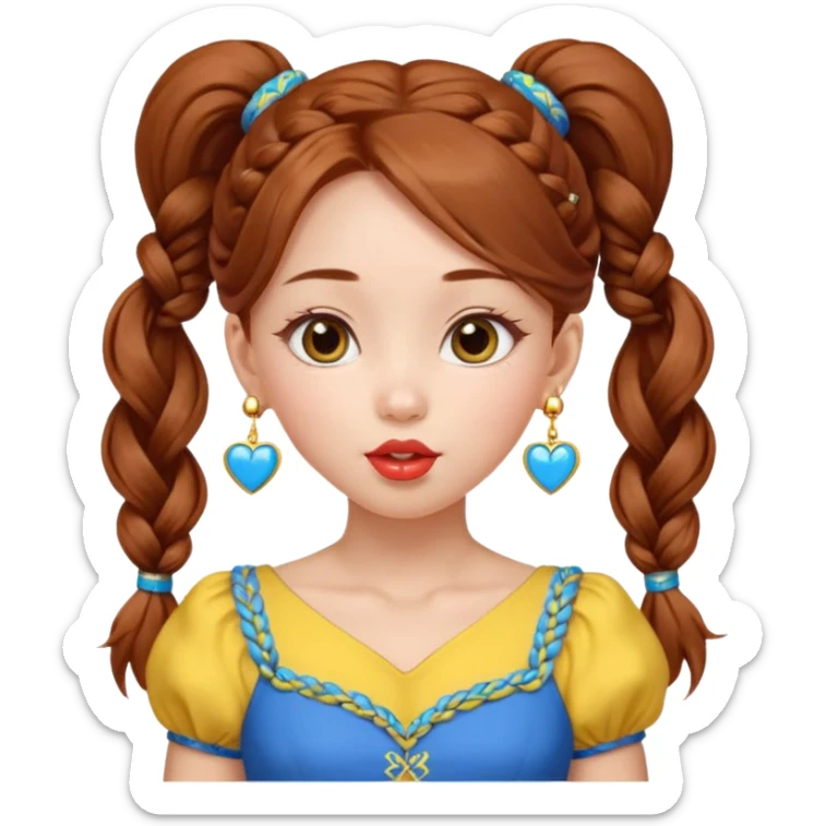 A cute ukrainian girl, looks slightly mongolian with full lips, with long auburn hair two side ponytails plaited, has heart earrings in the ukrainian yellow and blue, and is wearing her little black dress, she is blowing a kiss. sticker
