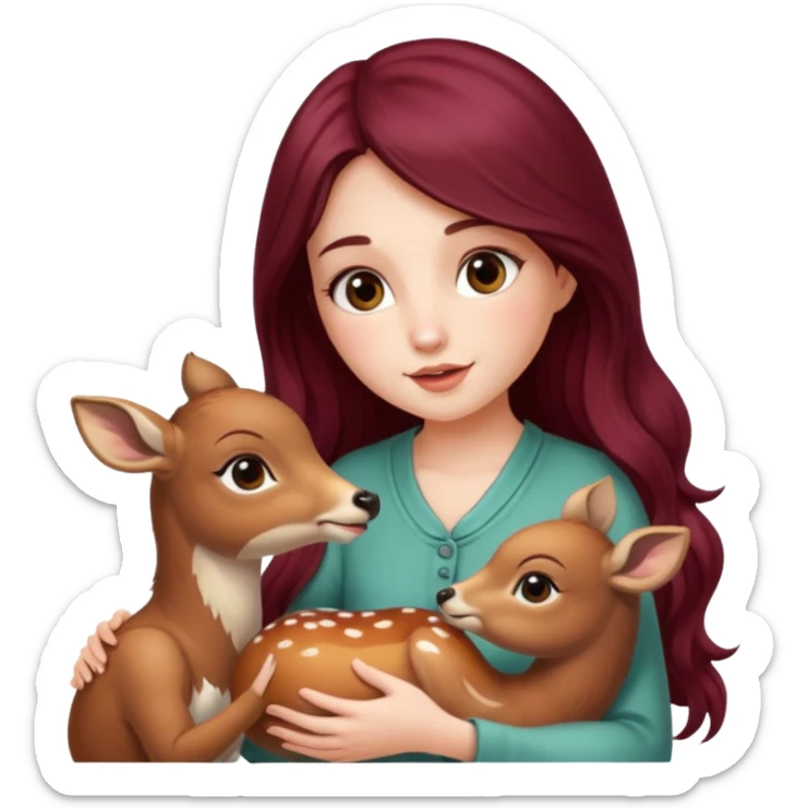 Beautiful burgundy long haired girl feeding baby deer sticker