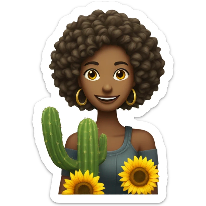 thin woman with slanted eyes hair on her shoulder curly tall slim woman smiling with a cactus and a sunflower on her side sticker