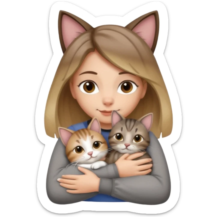 Une femme avec les cheveux dégradée, brun et blond, qui fait un câlin à son chat gris, tigré avec les extrémités que pattes pointe d’oreilles noires et le dessous du menton blanc la fille n’a pas d’oreilles, il n’y a qu’un seul chat sticker