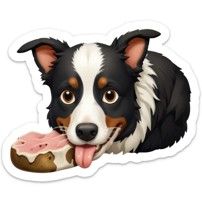A black and white border collie is chewing on a rotten, smelly cow's hoof. sticker