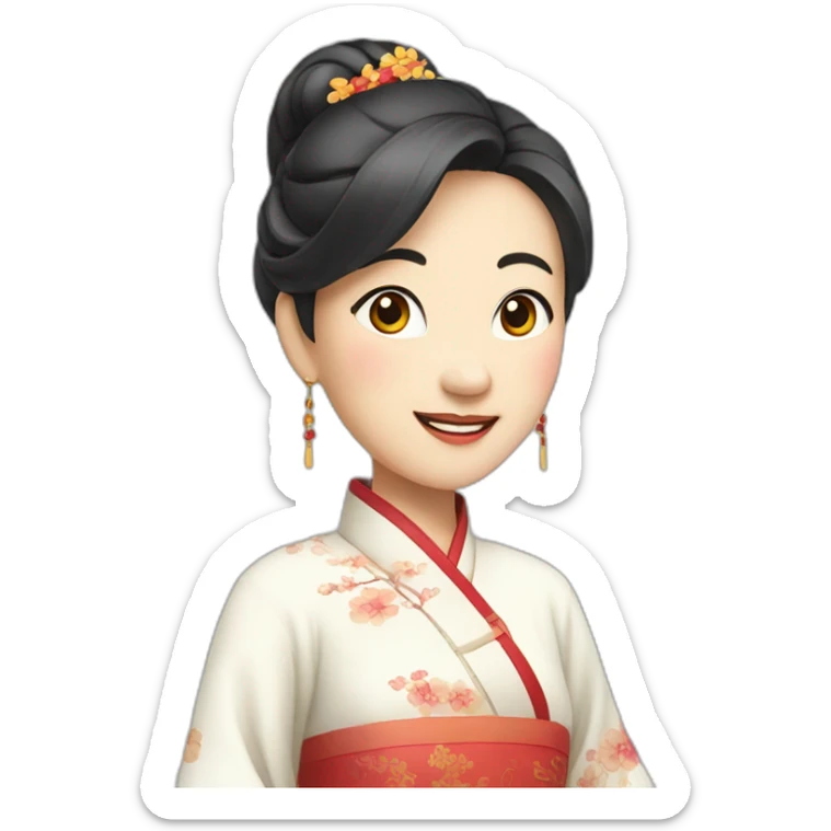 Chinese middle aged lady wear Chinese traditional dresses with a sign of agreeable gesture sticker