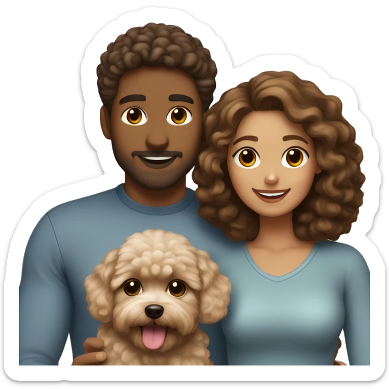 Family of a brown haired man with a curly brown hair girlfriend with a Maltipoo dog creamy colour  sticker