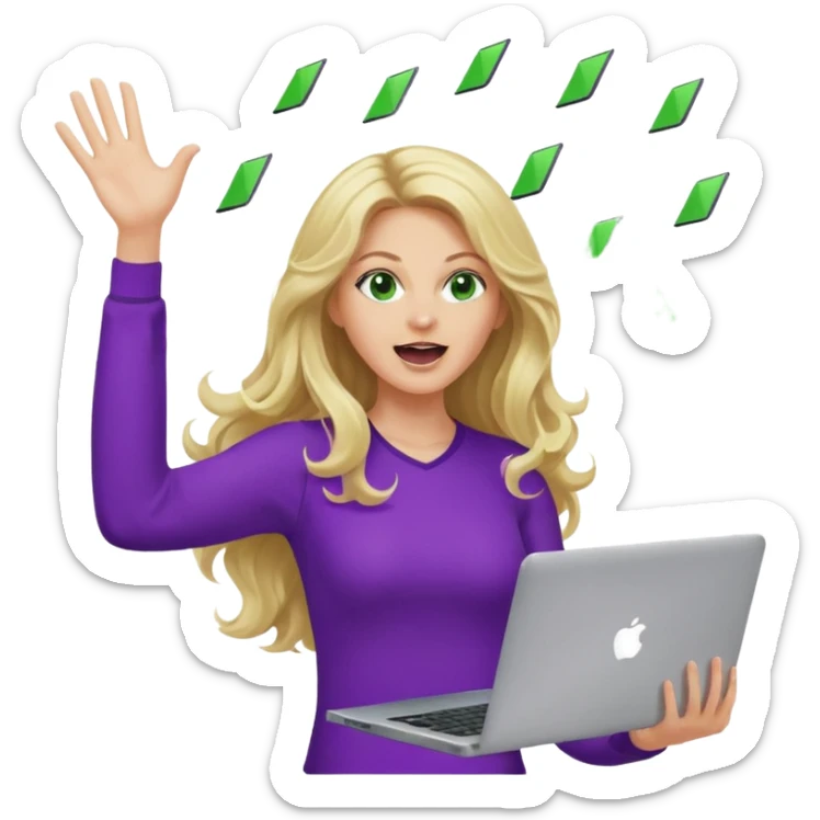 lady with long blonde wavy hair, purple top, green eyes throwing her with a laptop hands in the air screaming sticker