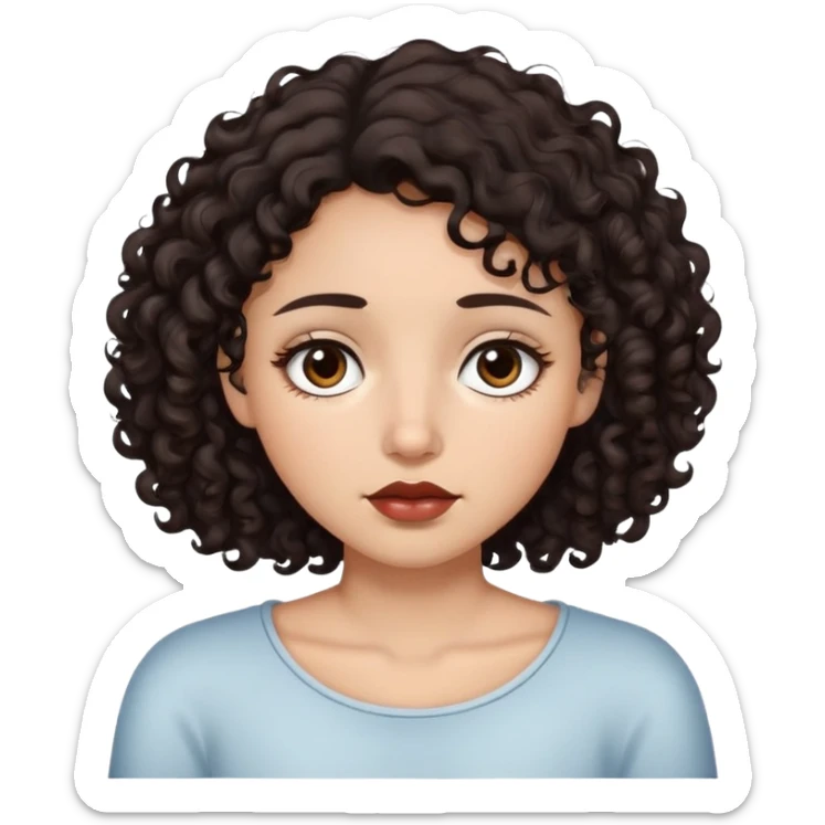 a girl with dark brown curly hair that is almost black and extends to her neck, dark brown eyes that are almost black, thin lips, sleepy eyes. sticker